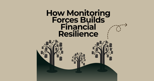 Illustration showing gears, circuit patterns, and a bold title "How Monitoring Forces Builds Financial Resilience" on a dark green background.