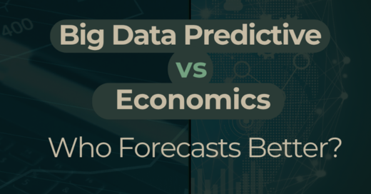 Split image: left shows mathematical models and economic graphs; right displays data streams, neural networks, and AI icons symbolising big data forecasting.