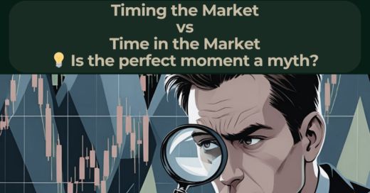 Illustration of a person comparing a market graph and a clock, symbolising the choice between trying to time market moves and staying invested for long-term gains.