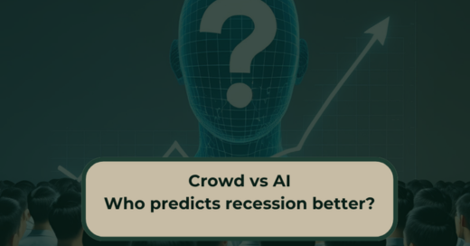 Illustration showing a split view: a crowd of people on one side and an AI brain or neural network on the other, with a falling stock graph in between, symbolising economic forecasting. predicting recession
