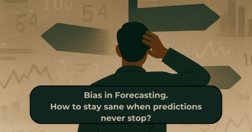 Illustration of a person surrounded by graphs and arrows pointing in different directions, symbolising information overload, bias in forecasting, and the search for clarity.