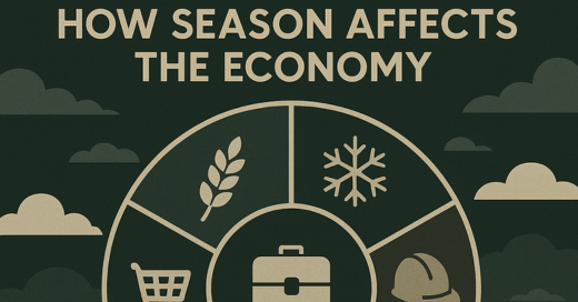 Illustration of a business team analysing economic seasons: reviewing cyclical trend charts, adjusting inventory and staffing, and planning adaptive strategies to stabilise revenue and optimise operations.