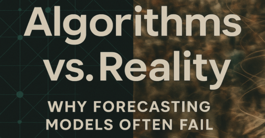 Visual concept of forecasting models versus real-world uncertainty: data charts, black swan symbol, and human–AI collaboration, illustrating why predictions often fail.