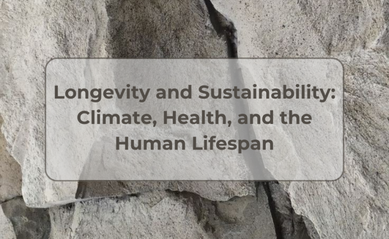 Illustration linking climate, health and the human lifespan: ageing populations, healthcare innovations, environmental impacts and sustainable policies working together to extend healthy life expectancy.