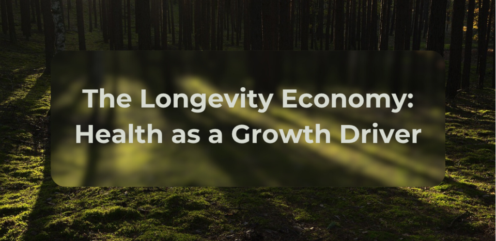 Illustration showing the Longevity Economy: healthcare innovators, ageing consumers, market graphs and product development labs highlighting how health-related industries drive economic growth and create new opportunities.