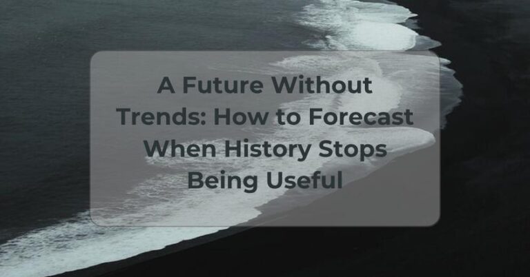 Illustration of analysts forecasting without relying on historical trends: scenario maps, forward-looking models and teams testing adaptive strategies to predict change when past patterns no longer apply.