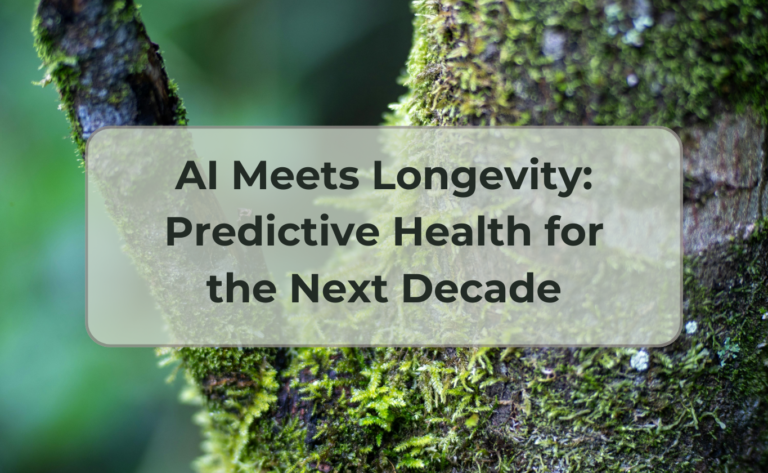 Illustration of predictive health in action: AI models analysing biomarkers and wearable data, clinicians planning early interventions and personalised care pathways to increase healthspan and prevent age-related decline.