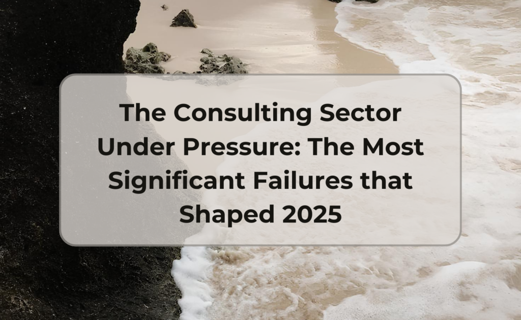 Illustration of the consulting sector under scrutiny: consultants, cracked logos and data charts showing 2025 failures, with leaders reviewing governance, client relations and recovery strategies to restore trust.