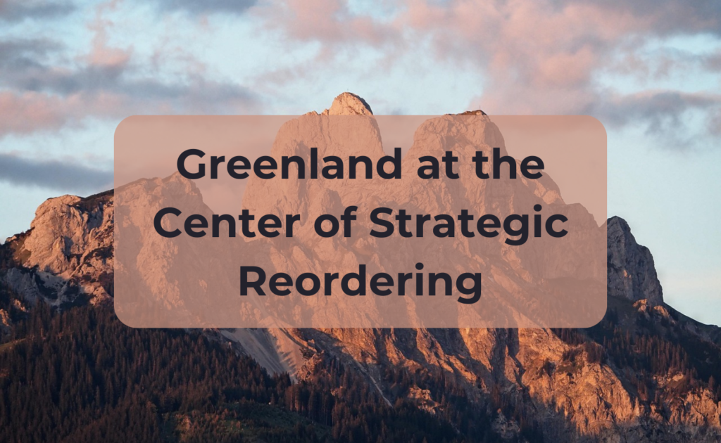 Map-style graphic showing Greenland’s role in strategic reordering: melting Arctic sea routes, rare-earth and critical-mineral deposits, military bases and diplomatic links — highlighting consequences for supply chains, security and investment.