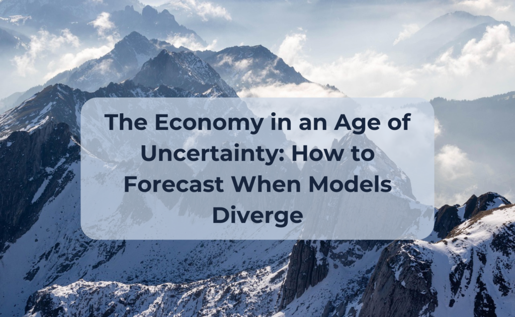 Illustration of analysts tackling economic Uncertainty: comparing divergent model outputs, running scenario planning, ensemble forecasts and stress-testing to guide policy and business decisions under volatility.