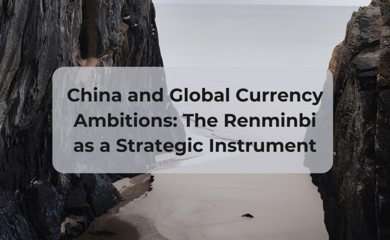 Map-style image showing Currency Ambitions: Renminbi symbol, trade routes, reserve currency stacks and central bank officials, illustrating how China leverages currency policy as a geopolitical and economic tool.